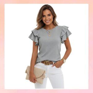 Chic Gray Ruffle Sleeve Top – Elegant & Casual